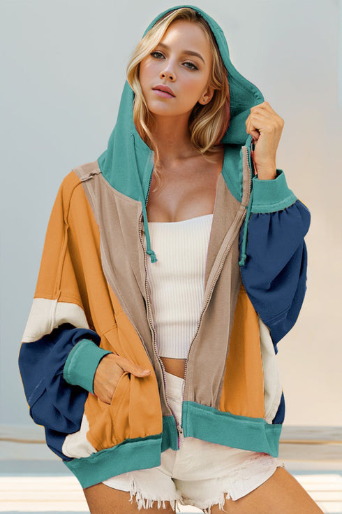 'Kaida' Colour Block Zip Through Hoodie - Celes Fashion